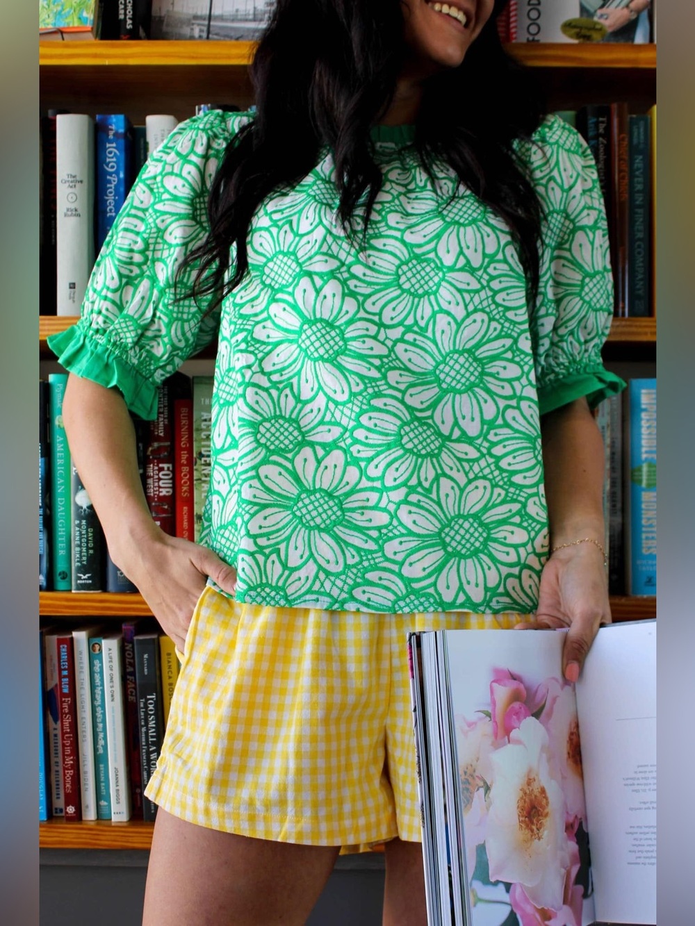 Green Floral Puff-Sleeve Top